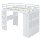 Cama alta de tamaño matrimonial con estantes, cajones, escritorio y luz LED