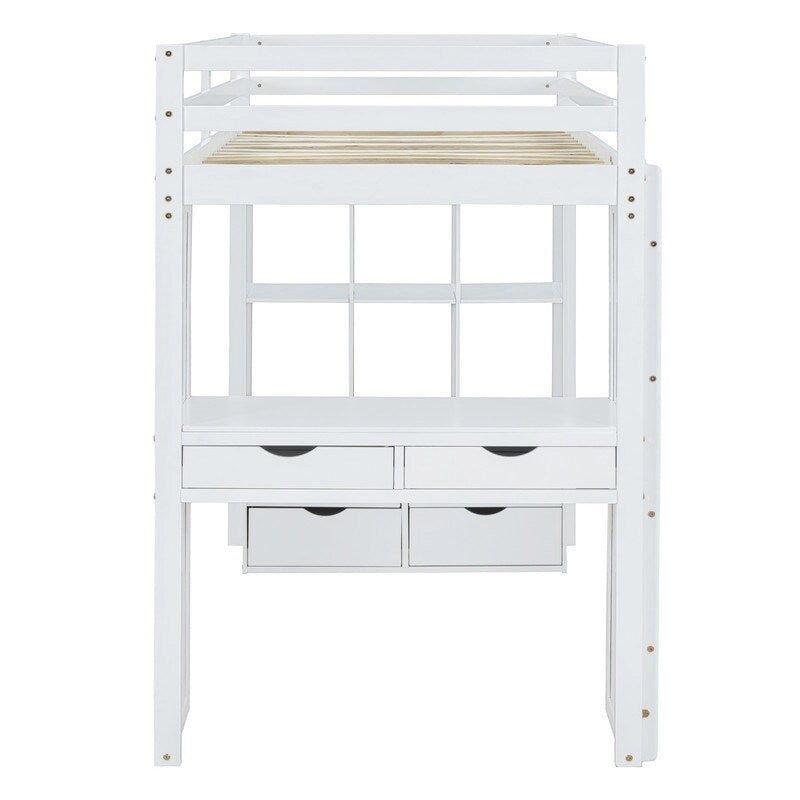 Cama alta de tamaño matrimonial con estantes, cajones, escritorio y luz LED