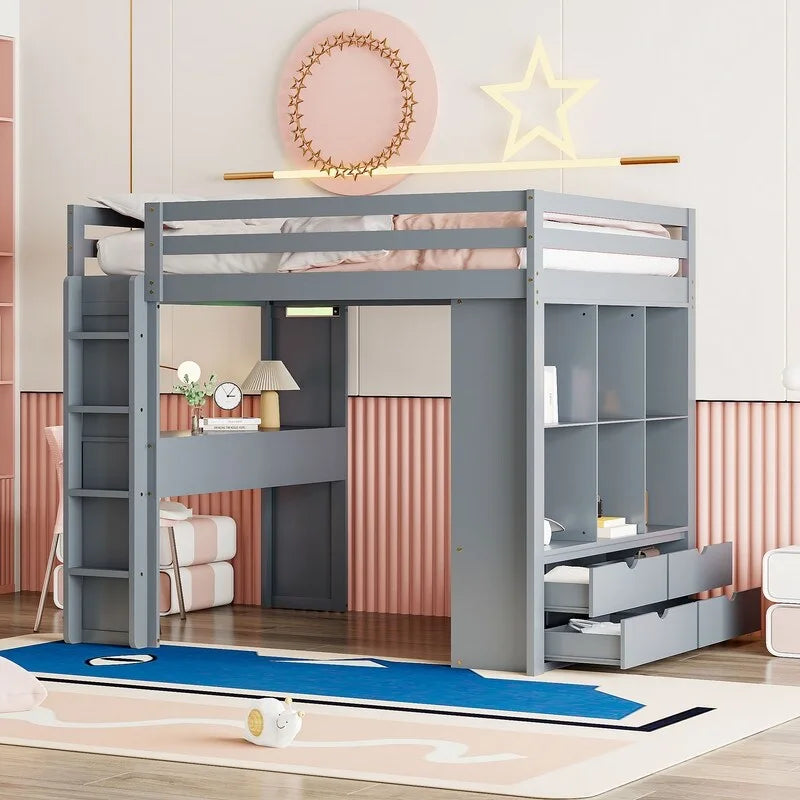 Cama alta de tamaño matrimonial con estantes, cajones, escritorio y luz LED