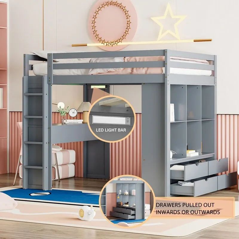 Cama alta de tamaño matrimonial con estantes, cajones, escritorio y luz LED