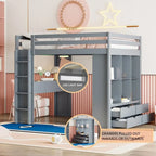 Cama alta de tamaño matrimonial con estantes, cajones, escritorio y luz LED