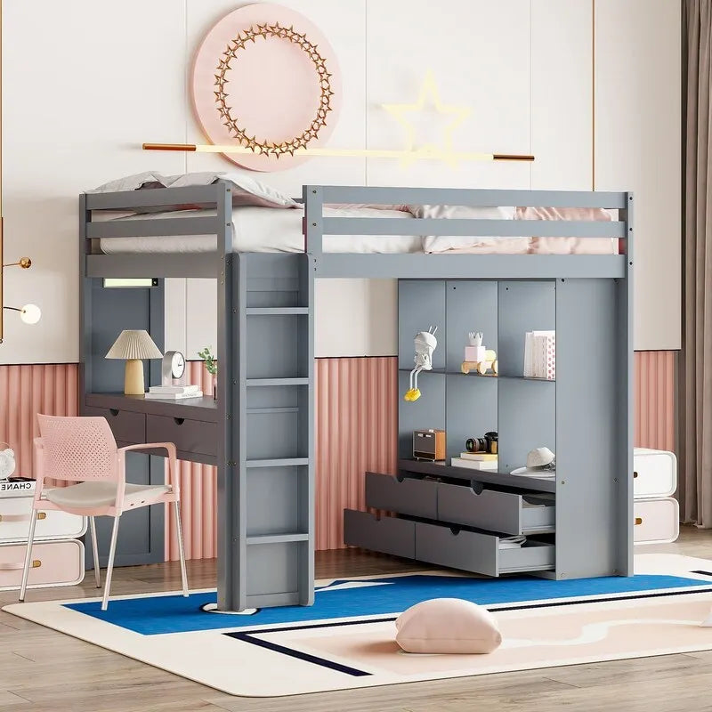 Cama alta de tamaño matrimonial con estantes, cajones, escritorio y luz LED