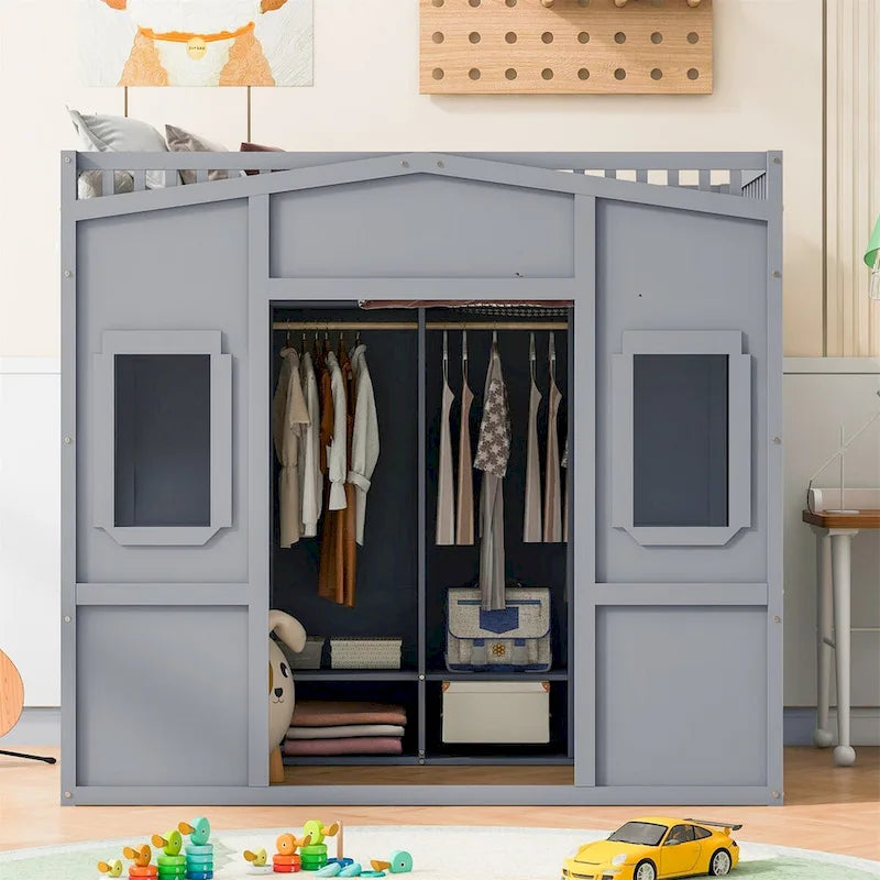 Cama alta tipo loft para casa de tamaño completo con escalera y armario