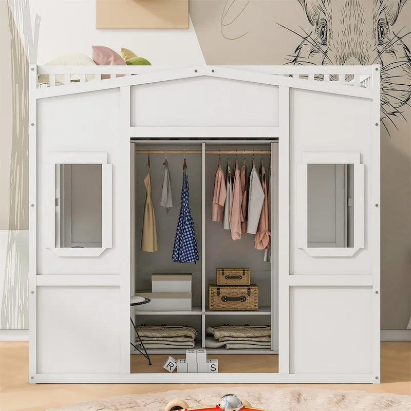 Cama alta tipo loft para casa de tamaño completo con escalera y armario