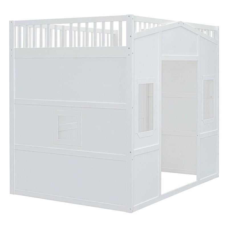 Cama alta tipo loft para casa de tamaño completo con escalera y armario