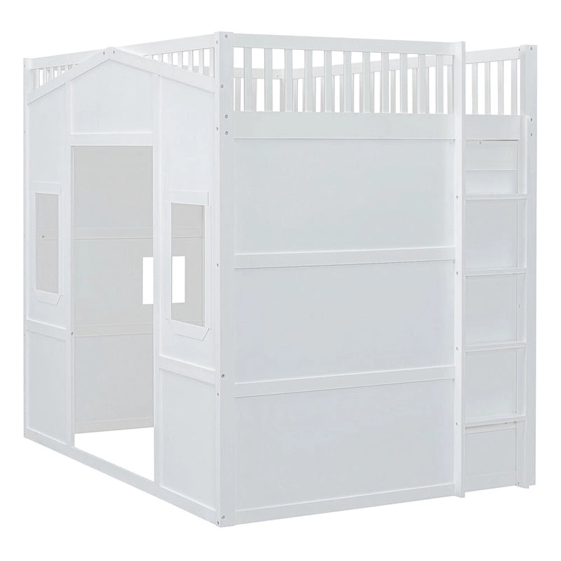 Cama alta tipo loft para casa de tamaño completo con escalera y armario