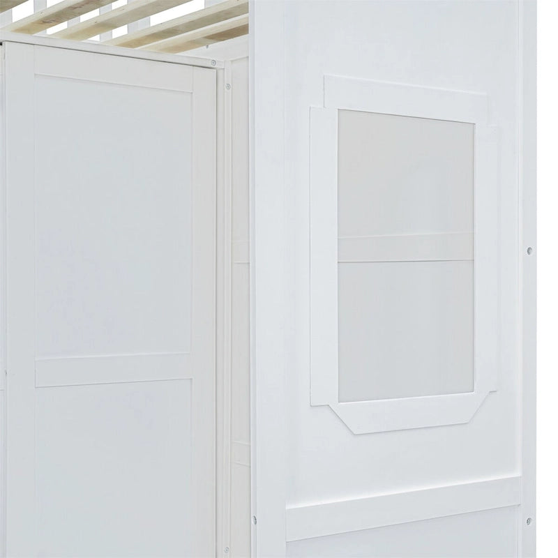 Cama alta tipo loft para casa de tamaño completo con escalera y armario