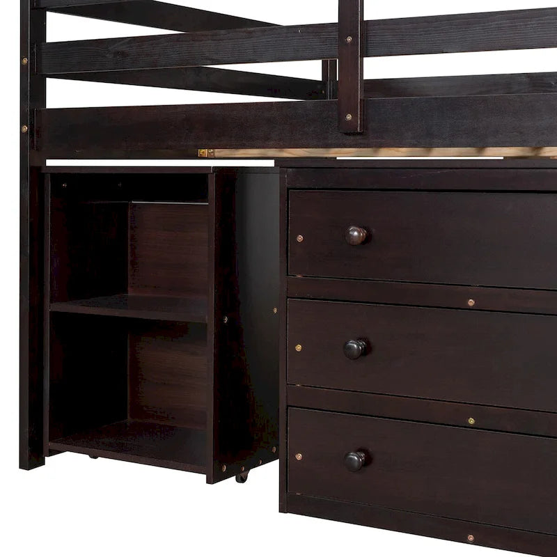 Low Study Loft Bed with Cabinet, Shelves and Rolling Portable Desk