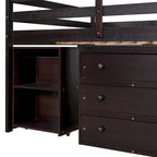 Low Study Loft Bed with Cabinet, Shelves and Rolling Portable Desk