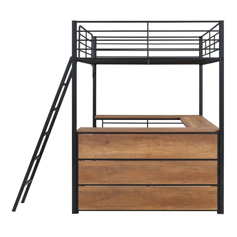 Cama alta metálica de tamaño completo con 3 niveles de estantes y escritorio en forma de L
