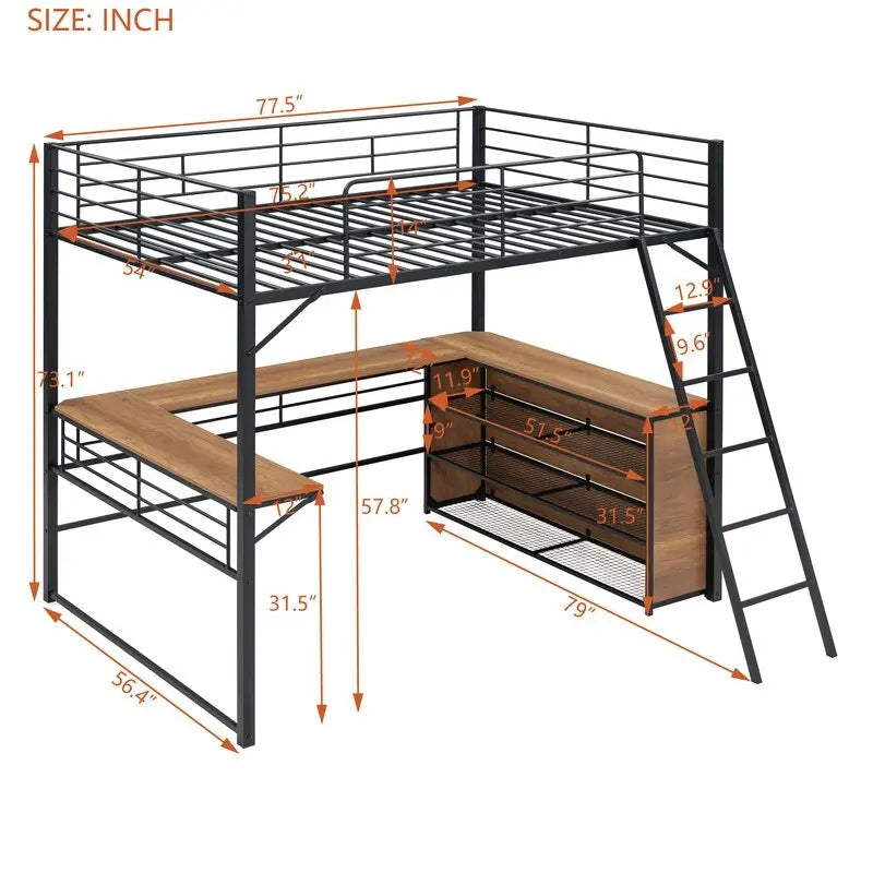 Cama alta metálica de tamaño completo con 3 niveles de estantes y escritorio en forma de L