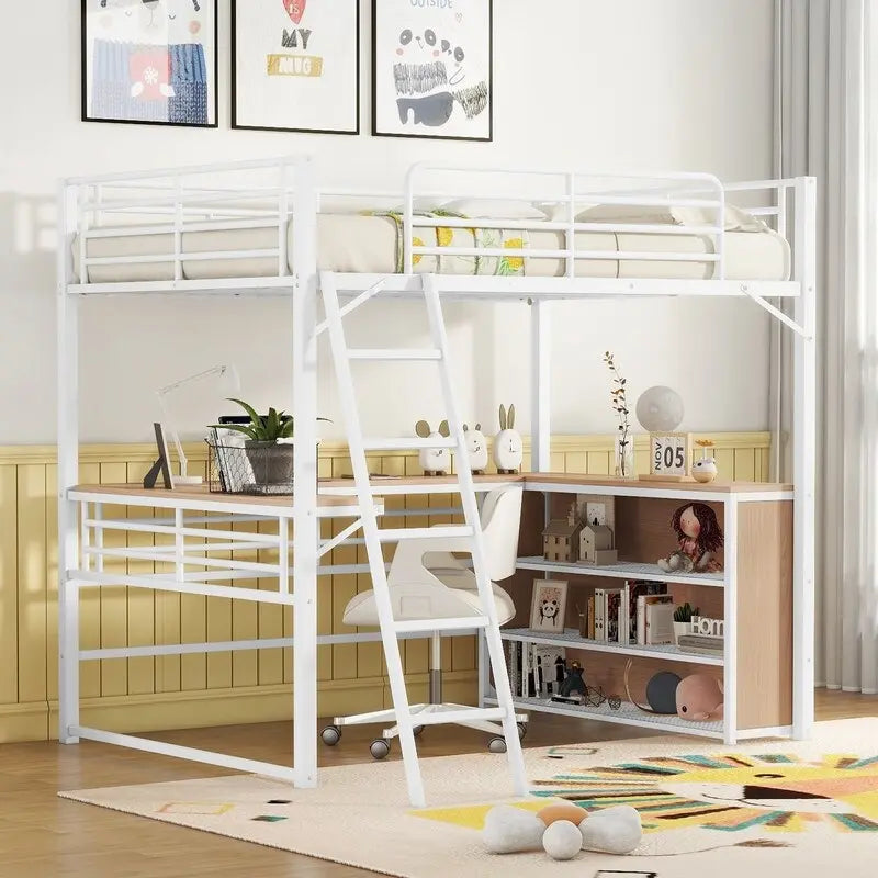 Cama alta metálica de tamaño completo con 3 niveles de estantes y escritorio en forma de L