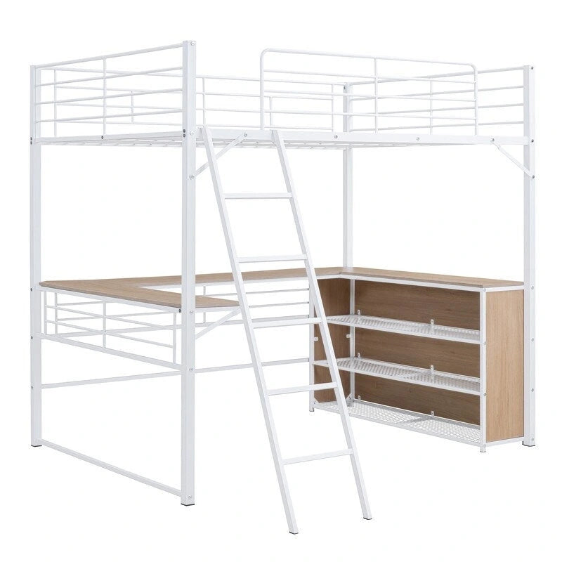 Cama alta metálica de tamaño completo con 3 niveles de estantes y escritorio en forma de L