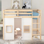 Cama alta doble de madera con armario de almacenamiento integrado y 2 ventanas