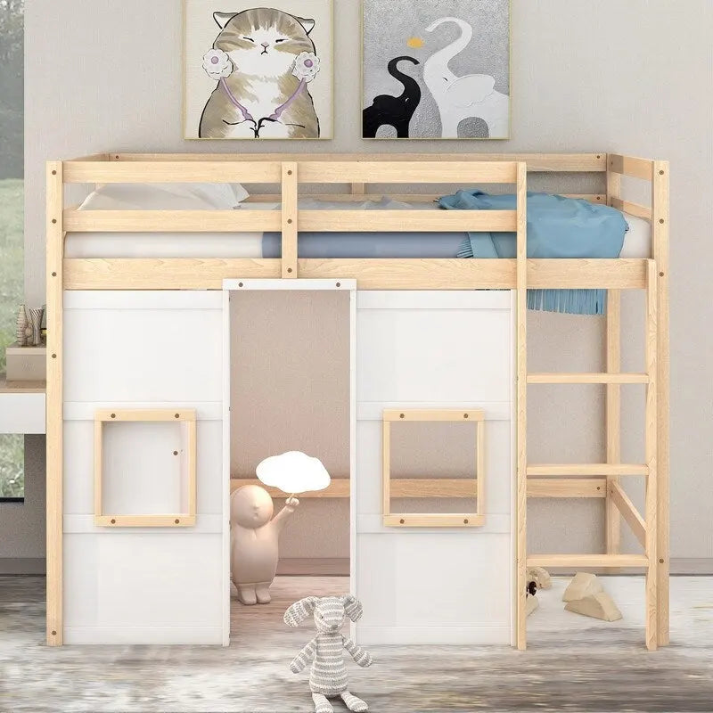 Cama alta doble de madera con armario de almacenamiento integrado y 2 ventanas