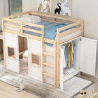 Cama alta doble de madera con armario de almacenamiento integrado y 2 ventanas
