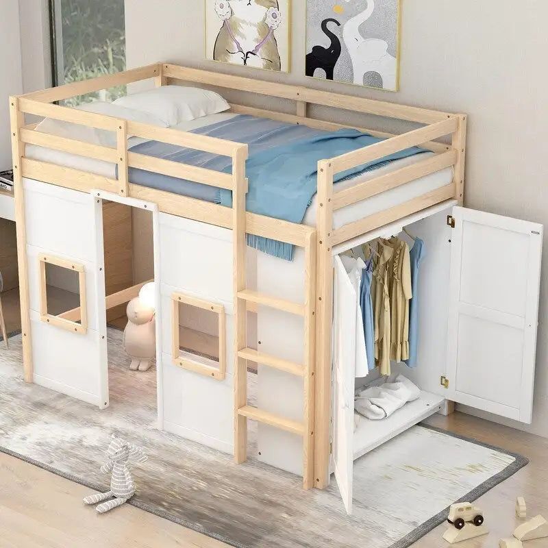 Cama alta doble de madera con armario de almacenamiento integrado y 2 ventanas