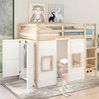 Cama alta doble de madera con armario de almacenamiento integrado y 2 ventanas