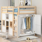 Cama alta doble de madera con armario de almacenamiento integrado y 2 ventanas