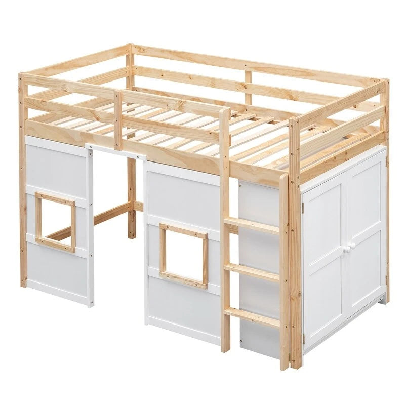 Cama alta doble de madera con armario de almacenamiento integrado y 2 ventanas