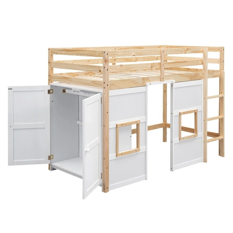 Cama alta doble de madera con armario de almacenamiento integrado y 2 ventanas
