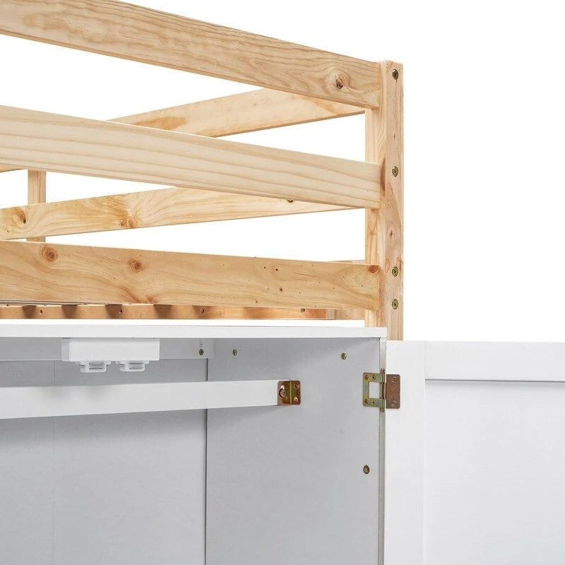 Cama alta doble de madera con armario de almacenamiento integrado y 2 ventanas