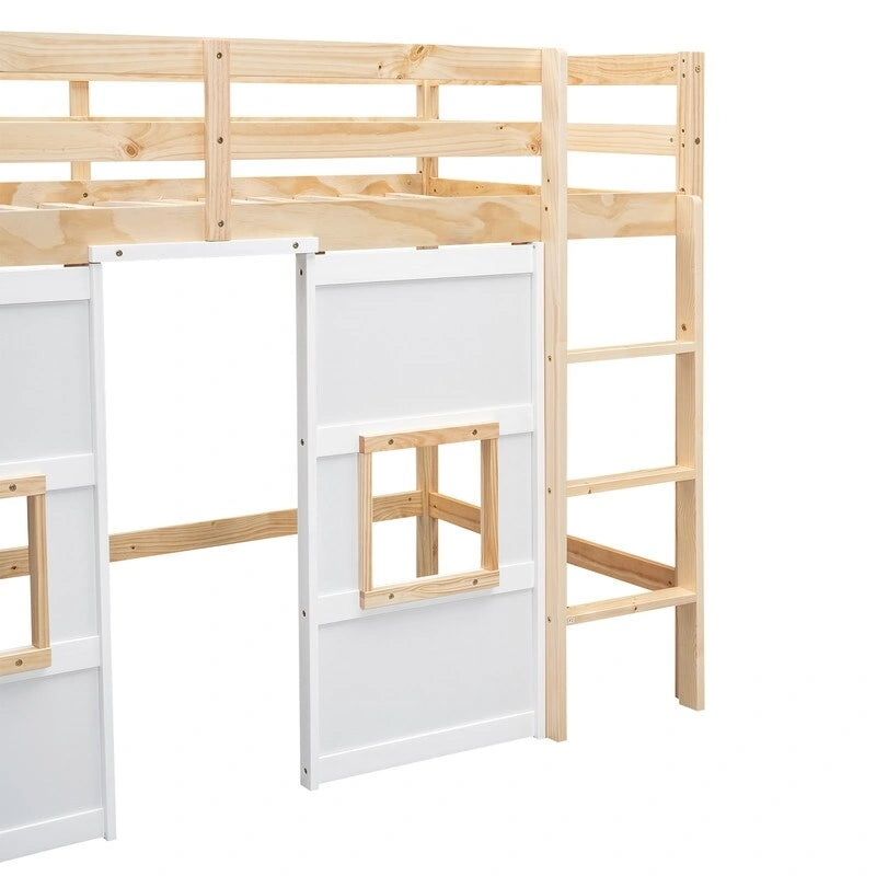 Cama alta doble de madera con armario de almacenamiento integrado y 2 ventanas