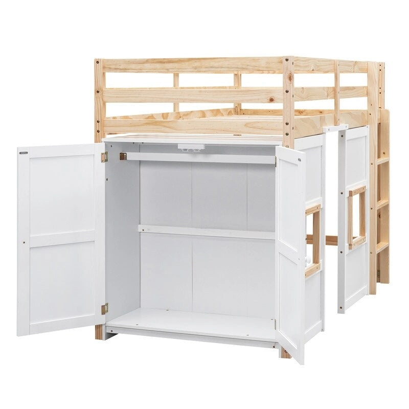 Cama alta doble de madera con armario de almacenamiento integrado y 2 ventanas