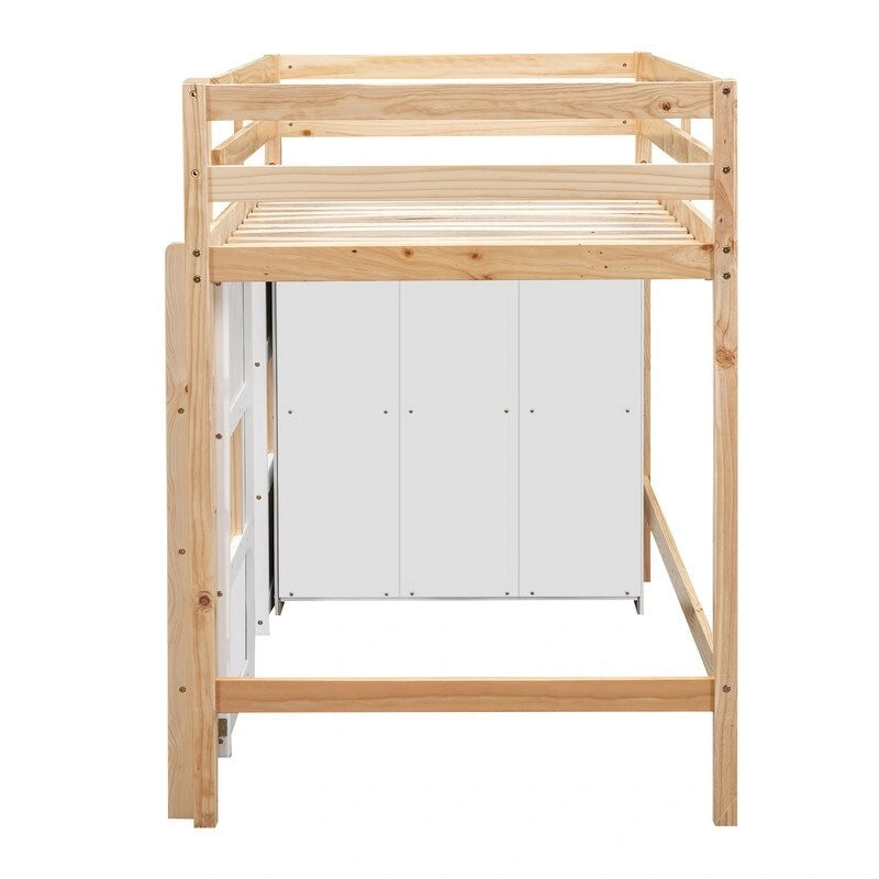 Cama alta doble de madera con armario de almacenamiento integrado y 2 ventanas