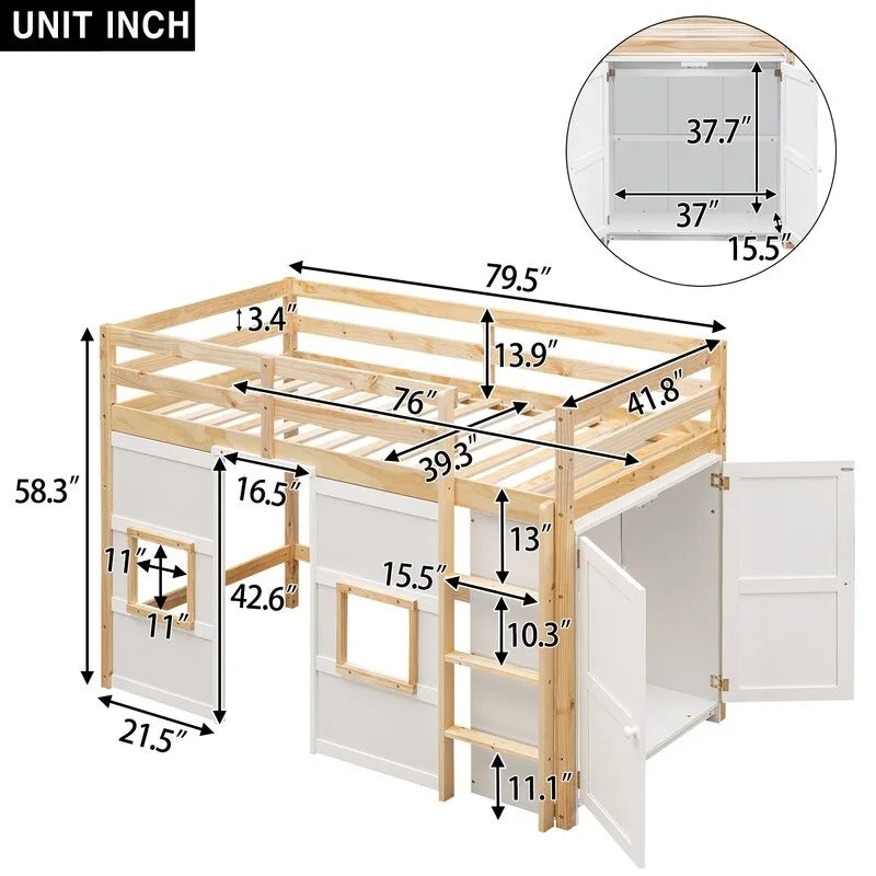 Cama alta doble de madera con armario de almacenamiento integrado y 2 ventanas
