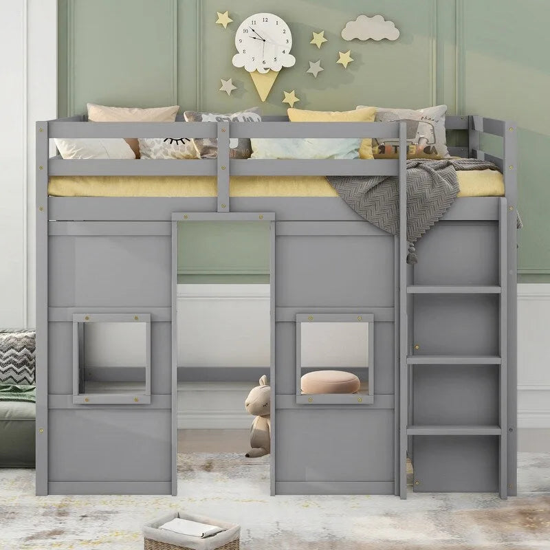 Cama alta doble de madera con armario de almacenamiento integrado y 2 ventanas