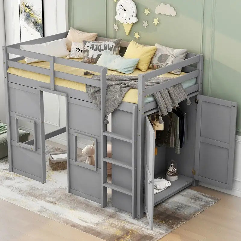 Cama alta doble de madera con armario de almacenamiento integrado y 2 ventanas
