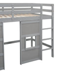 Cama alta doble de madera con armario de almacenamiento integrado y 2 ventanas