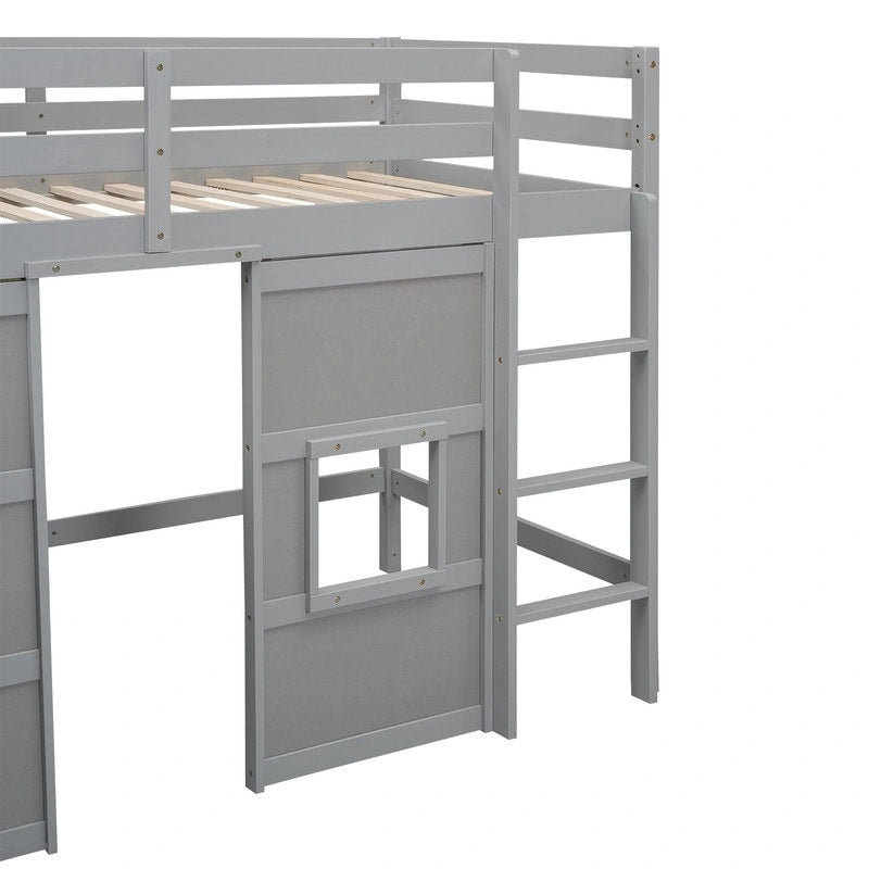 Cama alta doble de madera con armario de almacenamiento integrado y 2 ventanas