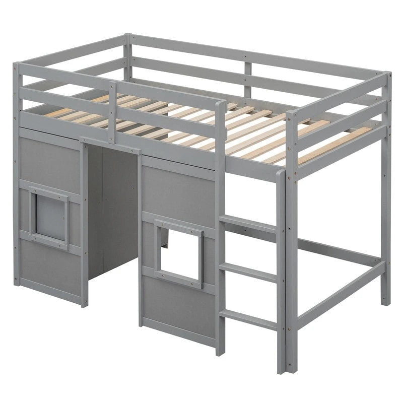 Cama alta doble de madera con armario de almacenamiento integrado y 2 ventanas