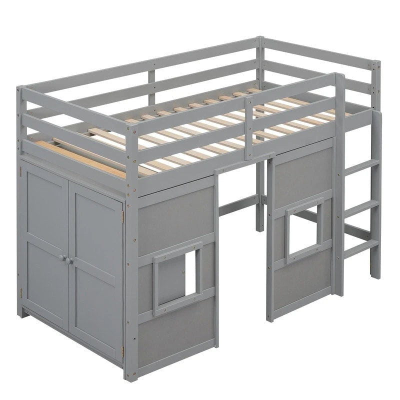 Cama alta doble de madera con armario de almacenamiento integrado y 2 ventanas