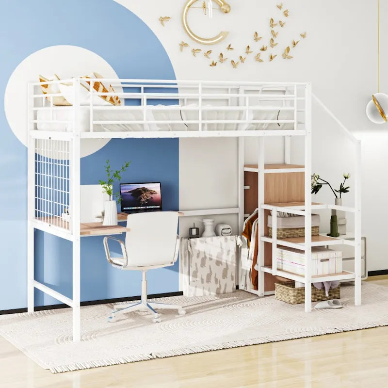 Cama alta de metal de tamaño completo con escritorio y rejilla metálica, armario