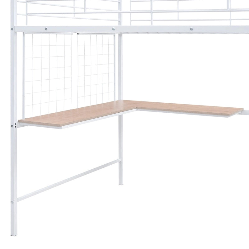 Cama alta de metal de tamaño completo con escritorio y rejilla metálica, armario