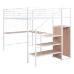 Cama alta de metal de tamaño completo con escritorio y rejilla metálica, armario