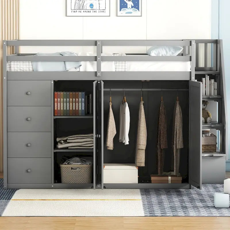 Cama alta de tamaño completo, estructura de cama alta de madera con armarios, gabinetes y cajones integrados