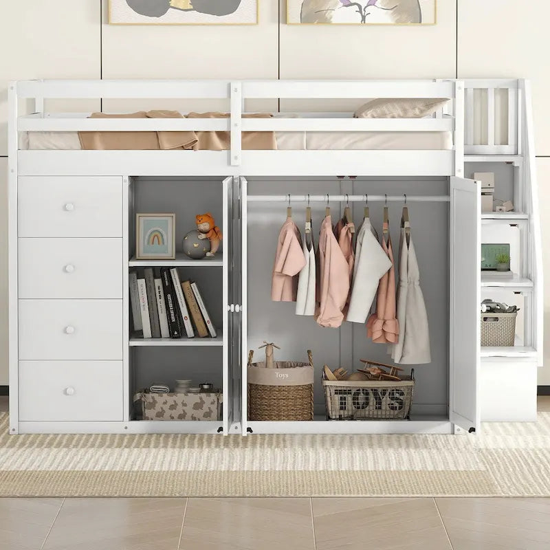 Cama alta de tamaño completo, estructura de cama alta de madera con armarios, gabinetes y cajones integrados