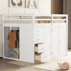 Cama alta de tamaño completo, estructura de cama alta de madera con armarios, gabinetes y cajones integrados