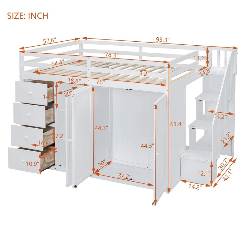 Cama alta de tamaño completo, estructura de cama alta de madera con armarios, gabinetes y cajones integrados