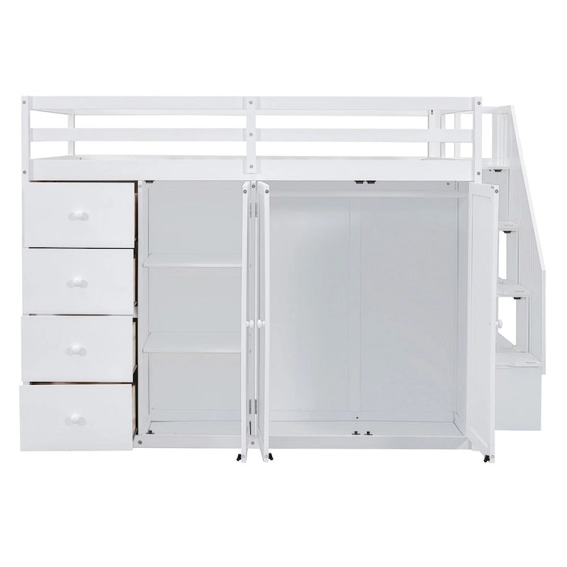 Cama alta de tamaño completo, estructura de cama alta de madera con armarios, gabinetes y cajones integrados