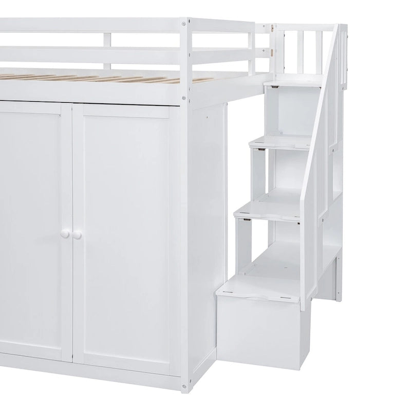 Cama alta de tamaño completo, estructura de cama alta de madera con armarios, gabinetes y cajones integrados