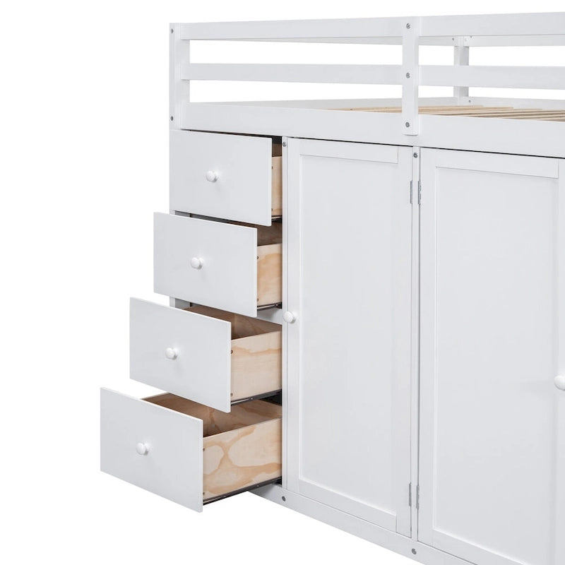 Cama alta de tamaño completo, estructura de cama alta de madera con armarios, gabinetes y cajones integrados