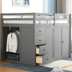 Cama alta de tamaño completo, estructura de cama alta de madera con armarios, gabinetes y cajones integrados