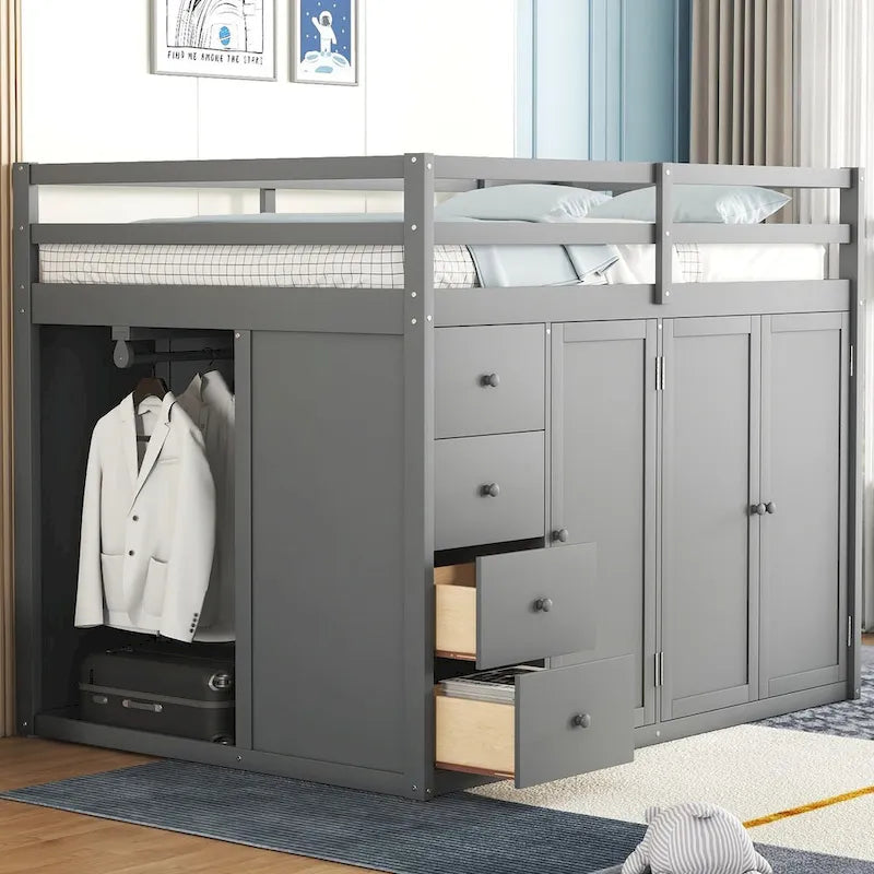 Cama alta de tamaño completo, estructura de cama alta de madera con armarios, gabinetes y cajones integrados