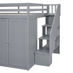 Cama alta de tamaño completo, estructura de cama alta de madera con armarios, gabinetes y cajones integrados