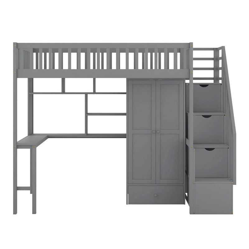 Cama alta individual con estantería, cajones, escritorio y armario